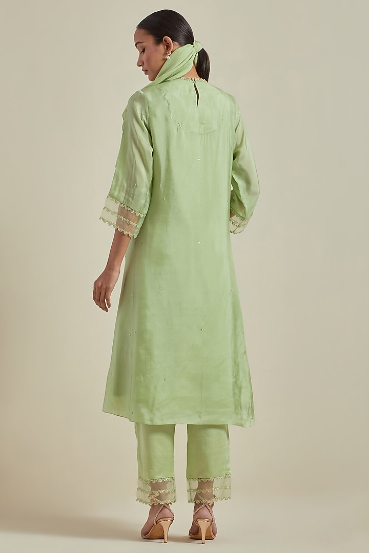 Mist Green Viscose Silk & Organza Thread Embroidered A-Line Kurta Set by One not two at Pernia's Pop Up Shop