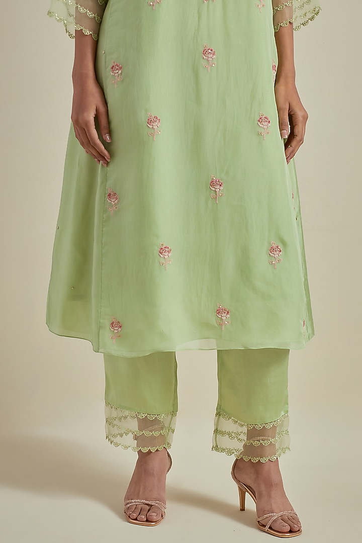 Mist Green Viscose Silk & Organza Thread Embroidered A-Line Kurta Set by One not two at Pernia's Pop Up Shop