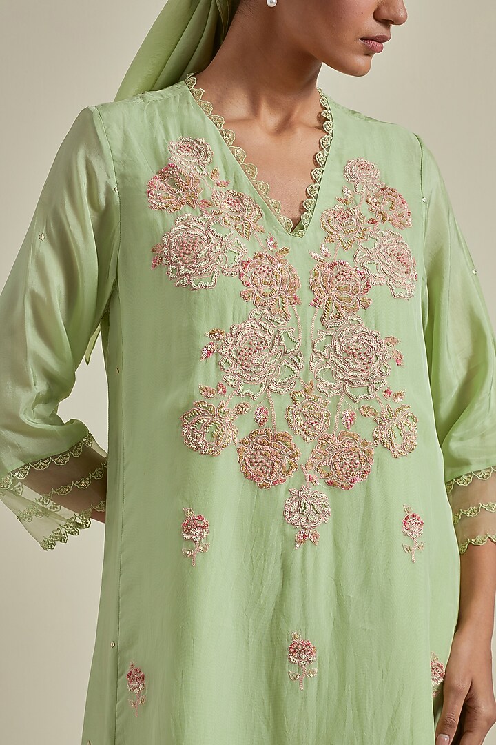 Mist Green Viscose Silk & Organza Thread Embroidered A-Line Kurta Set by One not two at Pernia's Pop Up Shop