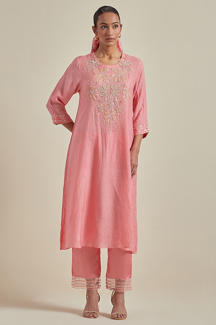 Peach Viscose Silk Floral Bead Embroidered Kurta Set by One not two at Pernia's Pop Up Shop