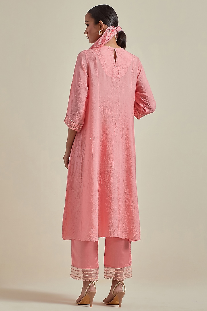 Peach Viscose Silk Floral Bead Embroidered Kurta Set by One not two at Pernia's Pop Up Shop