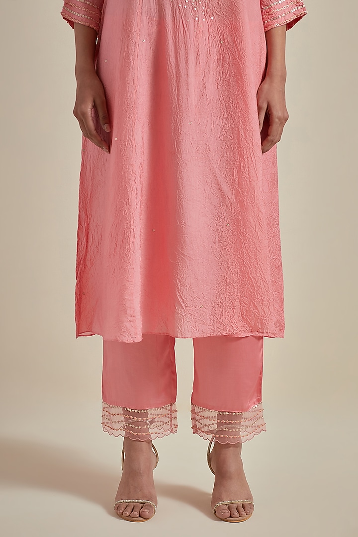 Peach Viscose Silk Floral Bead Embroidered Kurta Set by One not two at Pernia's Pop Up Shop