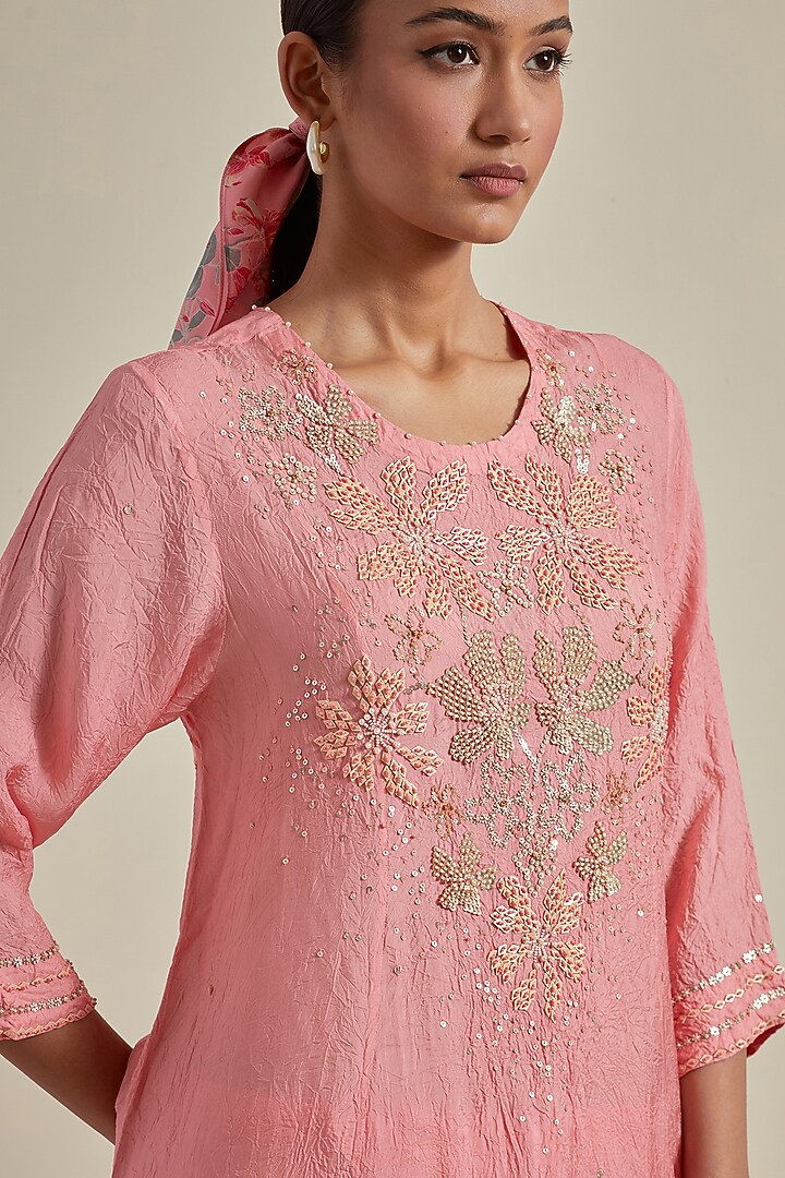 Peach Viscose Silk Floral Bead Embroidered Kurta Set by One not two at Pernia's Pop Up Shop