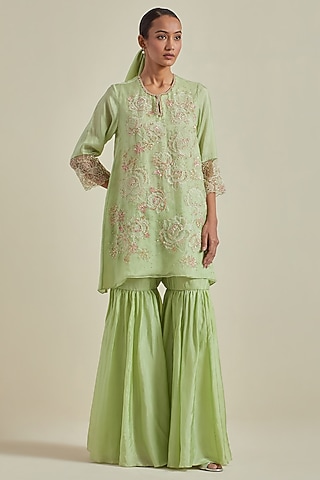 Mist Green Viscose Silk Thread Embroidered Sharara Set by One not two