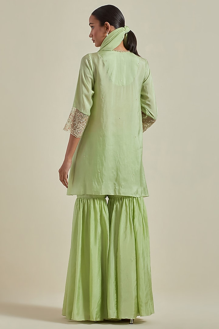 Mist Green Viscose Silk Thread Embroidered Wedding Sharara Set by One not two at Pernia's Pop Up Shop