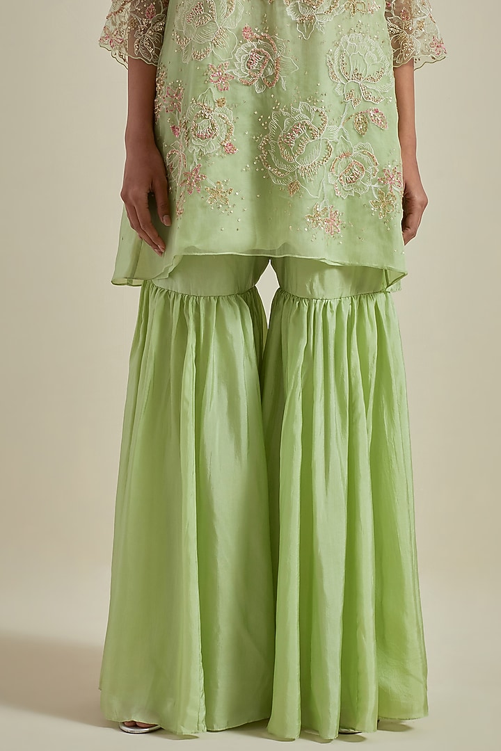 Mist Green Viscose Silk Thread Embroidered Wedding Sharara Set by One not two at Pernia's Pop Up Shop