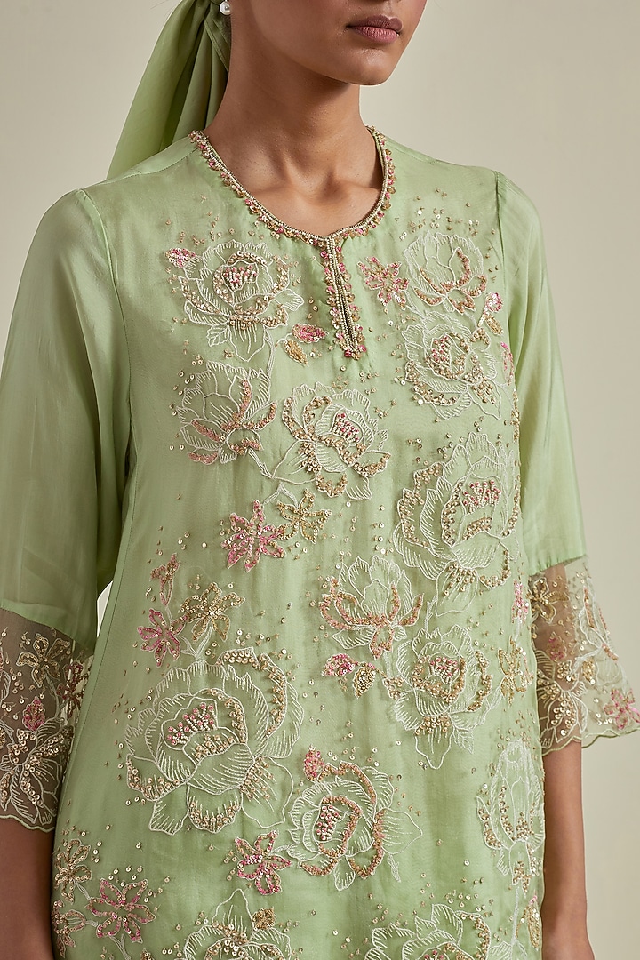 Mist Green Viscose Silk Thread Embroidered Wedding Sharara Set by One not two at Pernia's Pop Up Shop