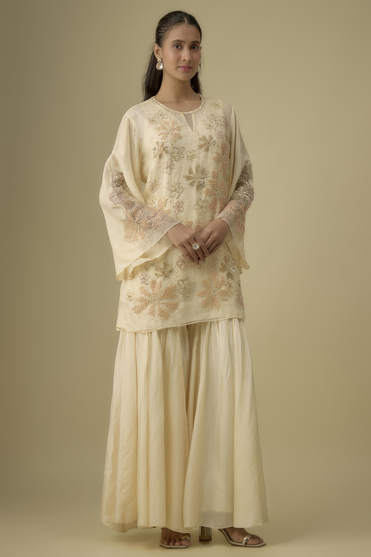 Ecru Viscose Silk Sequins & Floral Embroidered Kurta Set by One not two at Pernia's Pop Up Shop