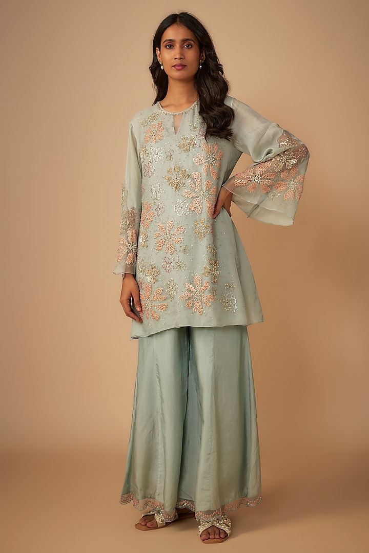 Powder Blue Viscose Silk Hand Embroidered Gharara Set by One not two at Pernia's Pop Up Shop