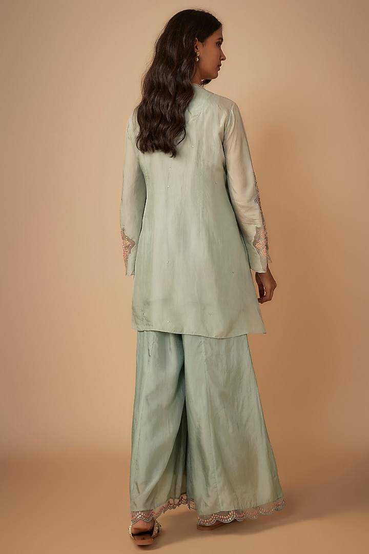 Powder Blue Viscose Silk Hand Embroidered Gharara Set by One not two at Pernia's Pop Up Shop