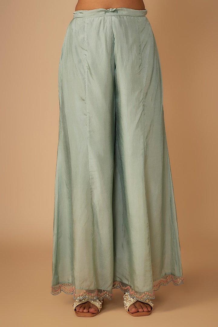 Powder Blue Viscose Silk Hand Embroidered Gharara Set by One not two at Pernia's Pop Up Shop