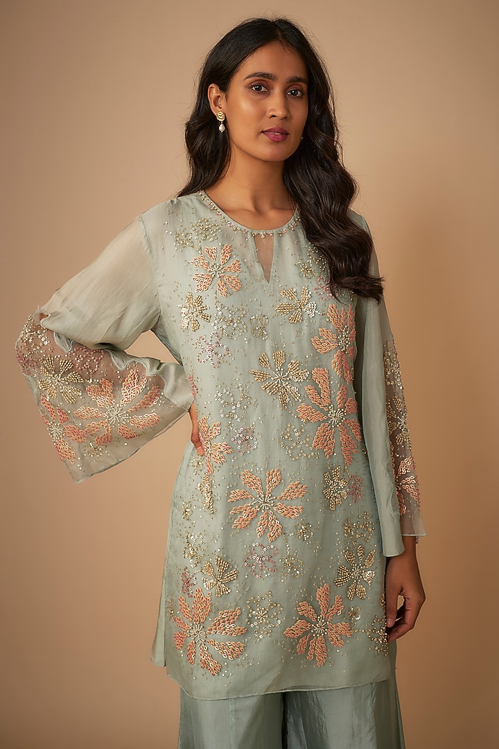 Powder Blue Viscose Silk Hand Embroidered Gharara Set by One not two at Pernia's Pop Up Shop