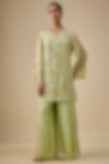 Mist Green Silk Abstract Floral Embroidered Wedding Sharara Set by One not two at Pernia's Pop Up Shop