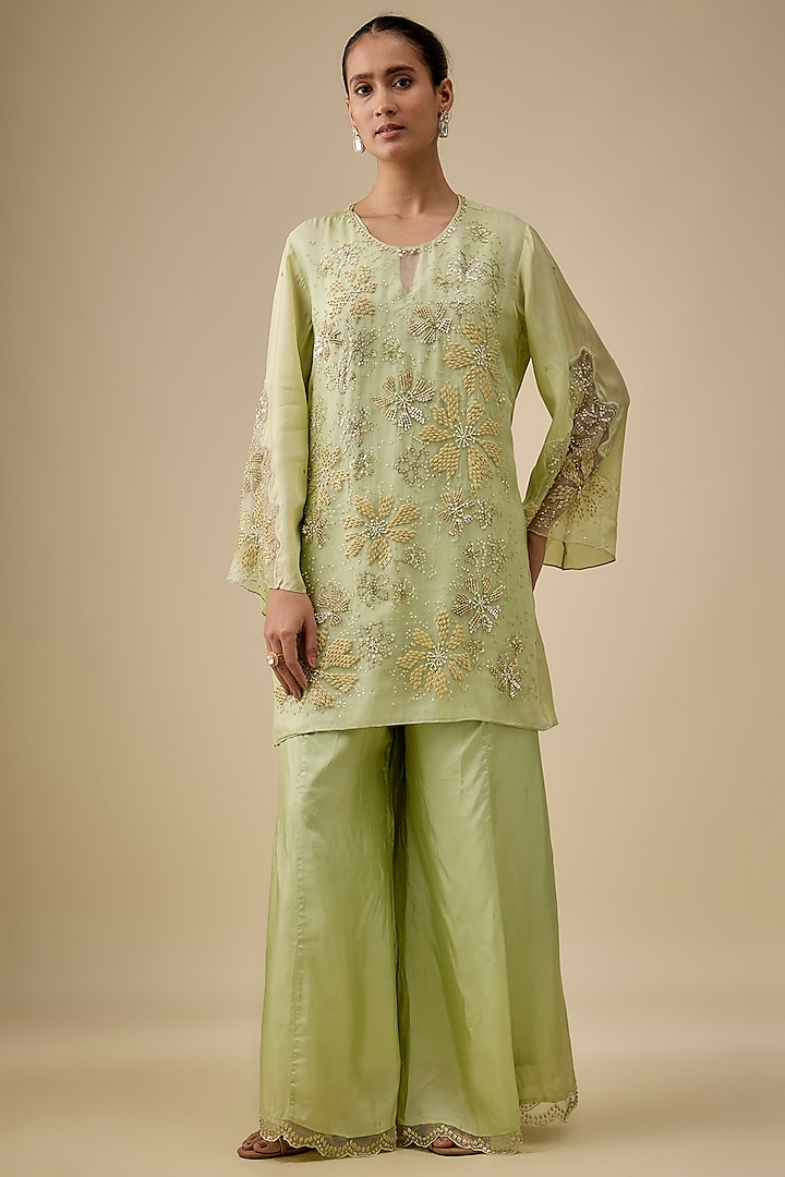 Mist Green Silk Abstract Floral Embroidered Wedding Sharara Set by One not two at Pernia's Pop Up Shop