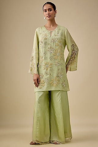 Mist Green Silk Abstract Floral Embroidered Sharara Set by One not two