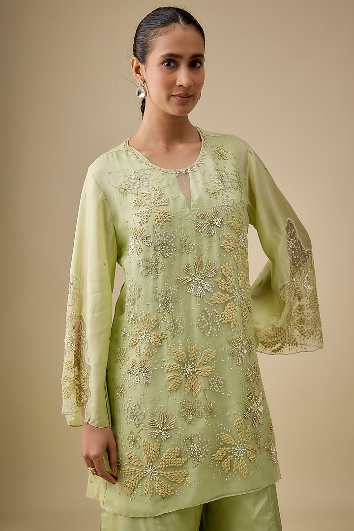 Mist Green Silk Abstract Floral Embroidered Wedding Sharara Set by One not two at Pernia's Pop Up Shop