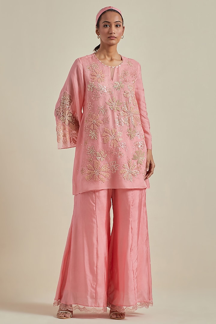 Peach Viscose Silk Floral Thread Embroidered Gharara Set by One not two at Pernia's Pop Up Shop