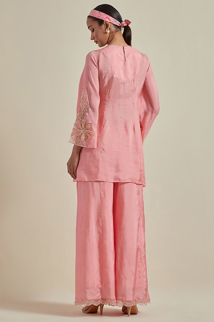 Peach Viscose Silk Floral Thread Embroidered Gharara Set by One not two at Pernia's Pop Up Shop
