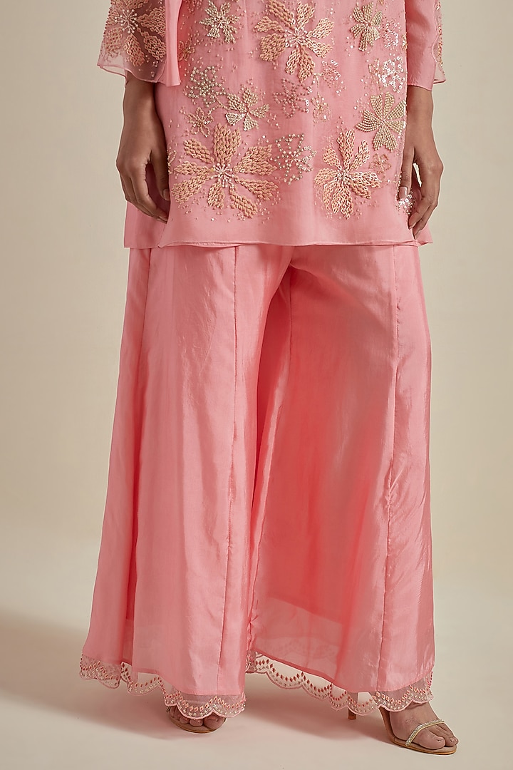 Peach Viscose Silk Floral Thread Embroidered Gharara Set by One not two at Pernia's Pop Up Shop