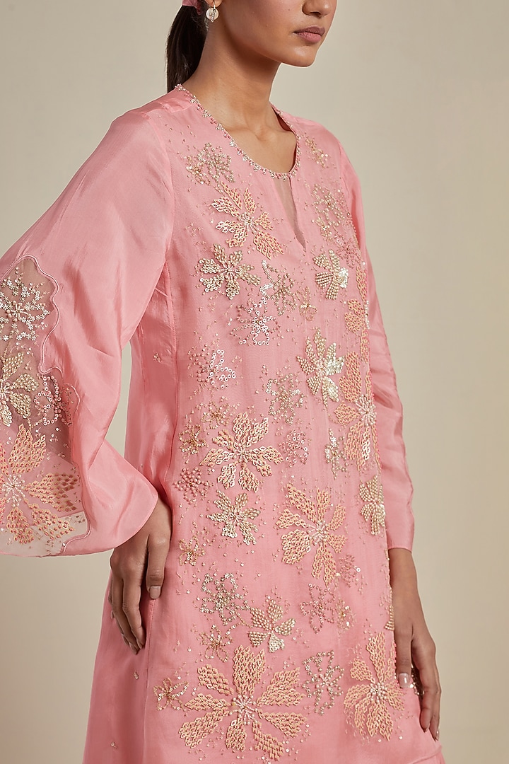 Peach Viscose Silk Floral Thread Embroidered Gharara Set by One not two at Pernia's Pop Up Shop