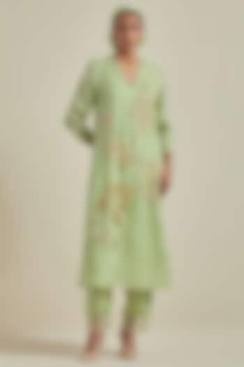 Mist Green Viscose Silk Floral Hand Embroidered A-Line Kurta Set by One not two at Pernia's Pop Up Shop