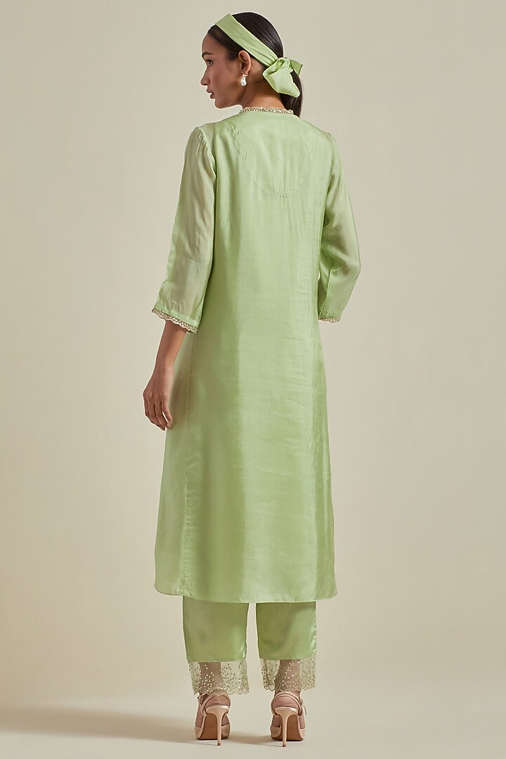 Mist Green Viscose Silk Floral Hand Embroidered A-Line Kurta Set by One not two at Pernia's Pop Up Shop
