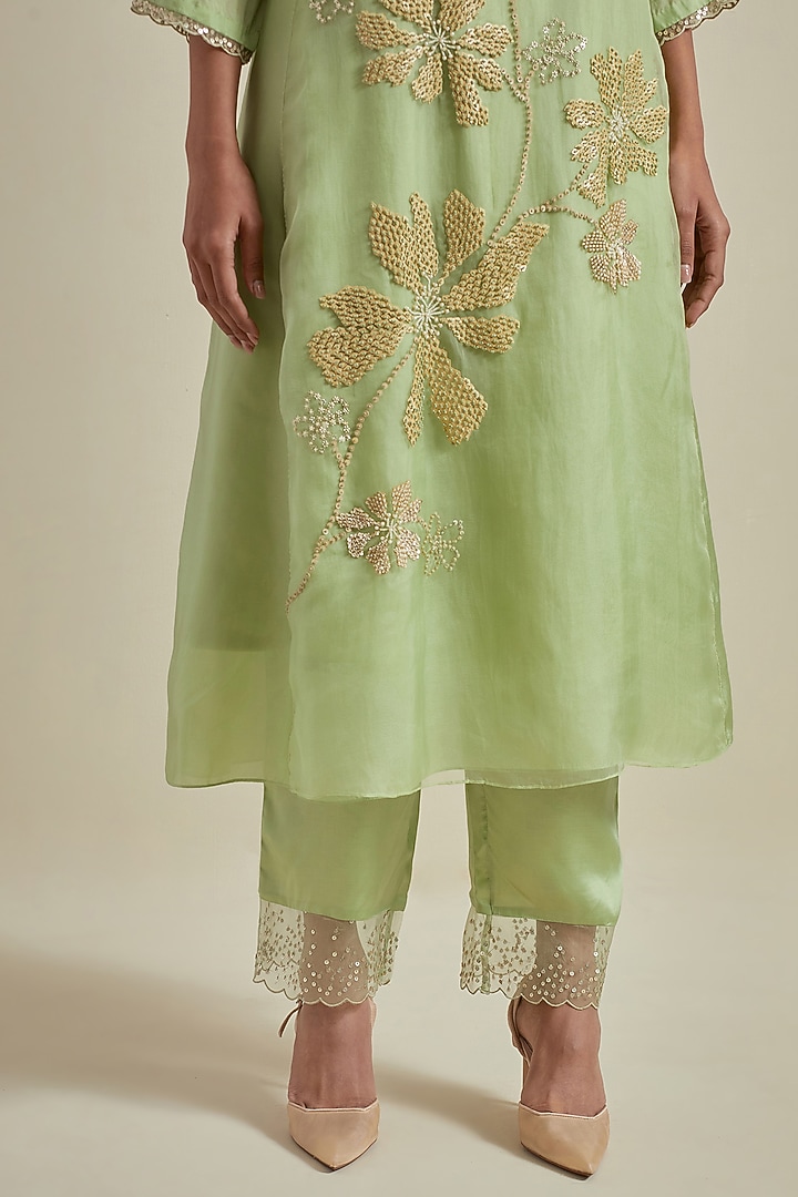 Mist Green Viscose Silk Floral Hand Embroidered A-Line Kurta Set by One not two at Pernia's Pop Up Shop