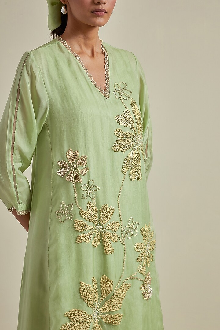 Mist Green Viscose Silk Floral Hand Embroidered A-Line Kurta Set by One not two at Pernia's Pop Up Shop
