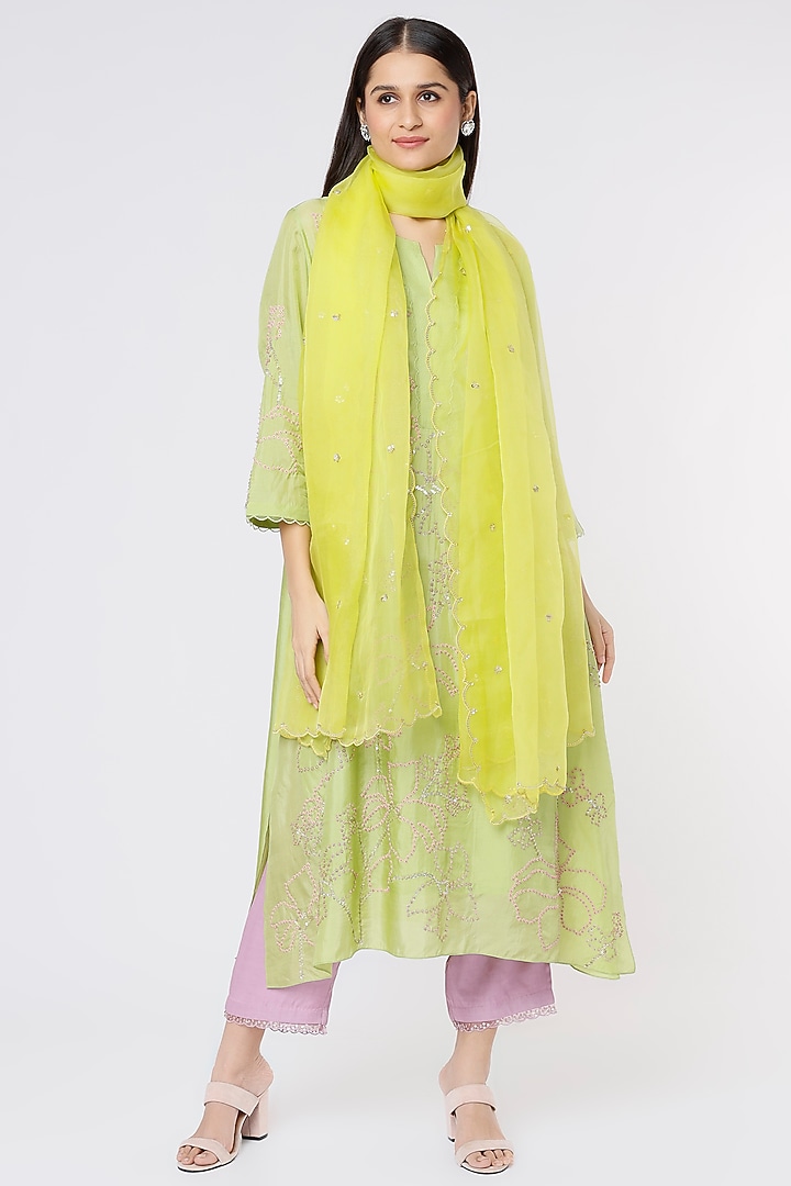 Lemon Yellow Embroidered Dupatta by One not two at Pernia's Pop Up Shop
