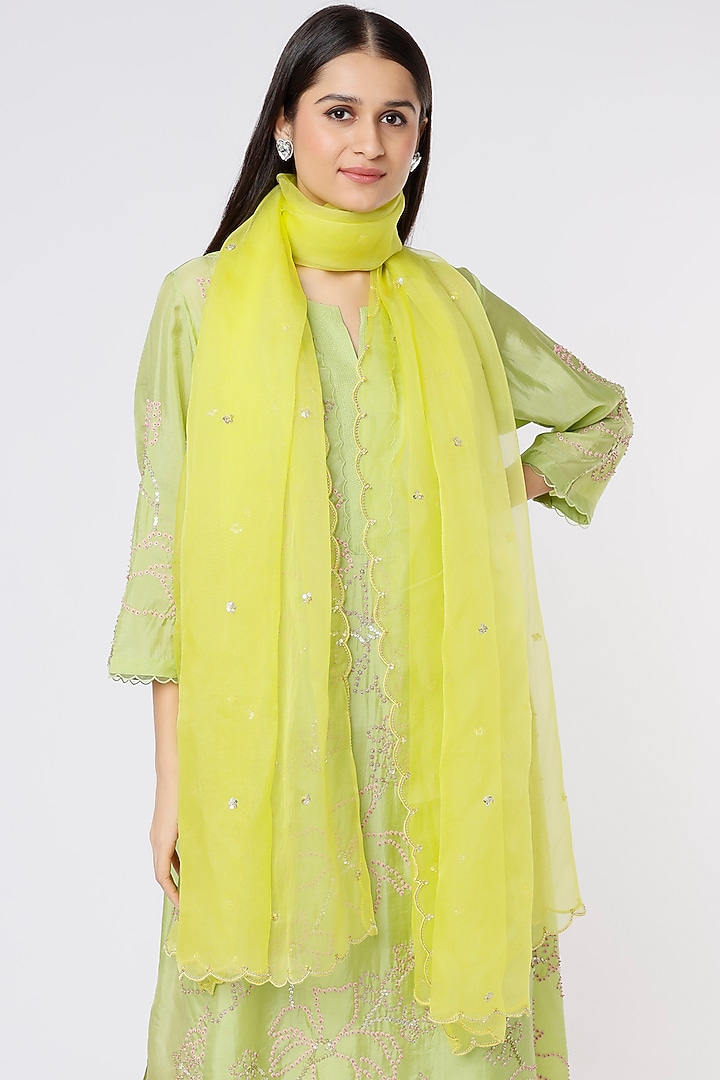Lemon Yellow Embroidered Dupatta by One not two at Pernia's Pop Up Shop