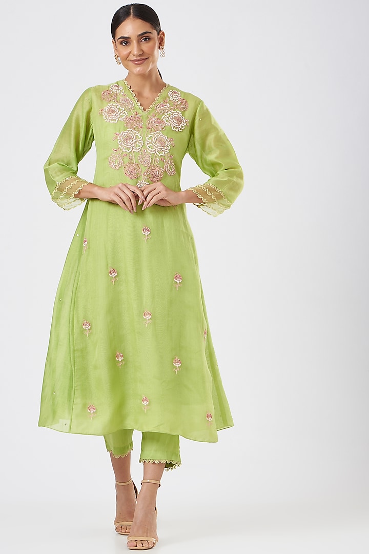 Leaf Green Embroidered Paneled A-Line Kurta by One not two