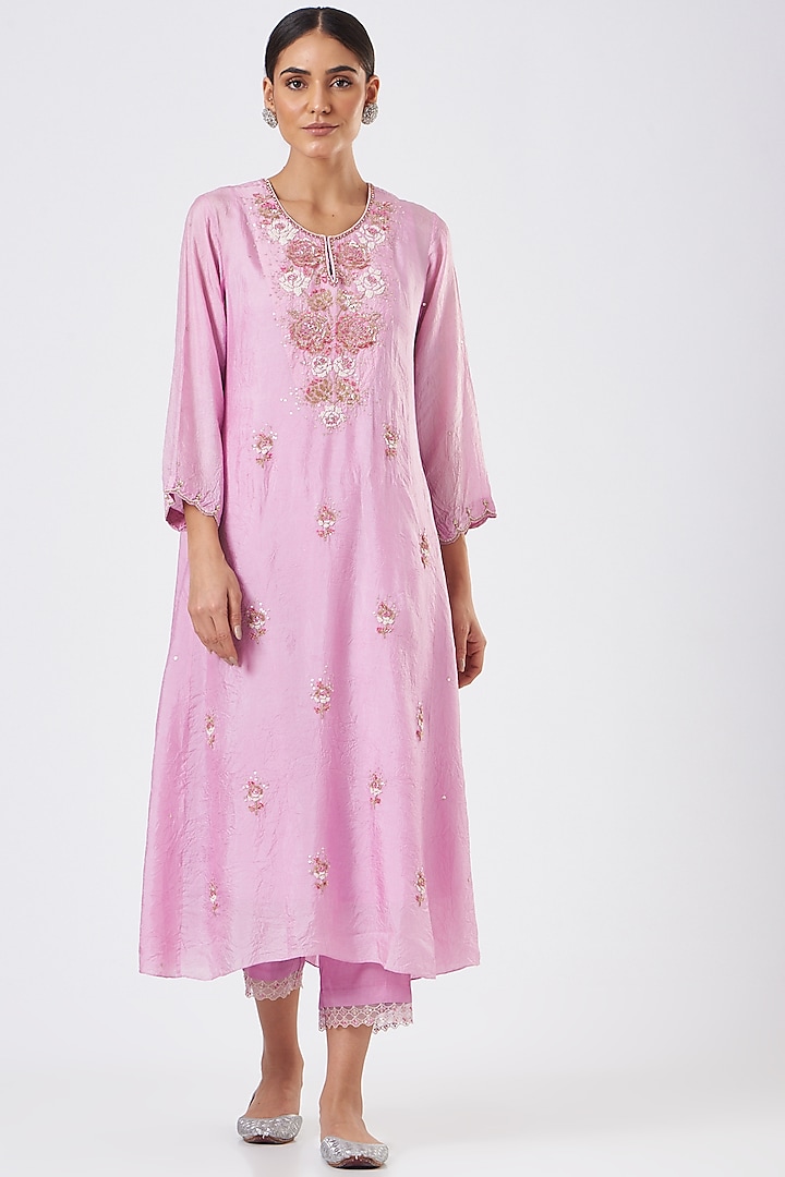 Lilac Embroidered Paneled A-Line Kurta by One not two