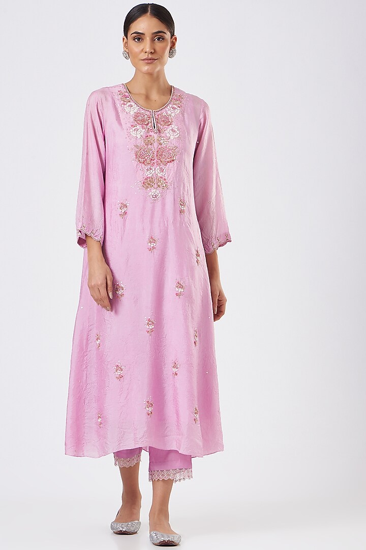 Lilac Embroidered Paneled A-Line Kurta by One not two