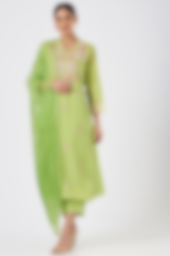 Leaf Green Embroidered Dupatta by One not two