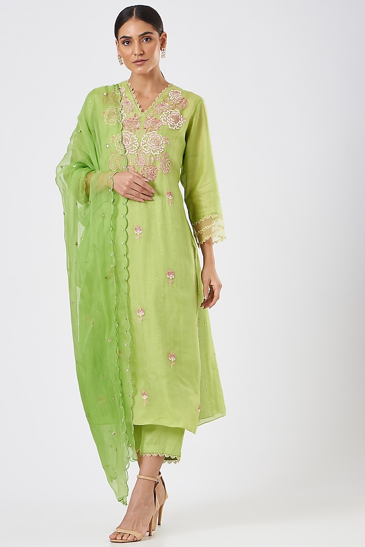 Leaf Green Embroidered Dupatta by One not two