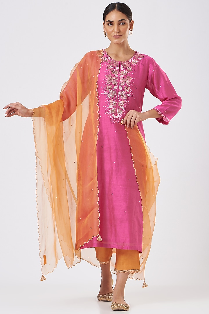 Papaya Orange Embroidered Dupatta by One not two at Pernia's Pop Up Shop