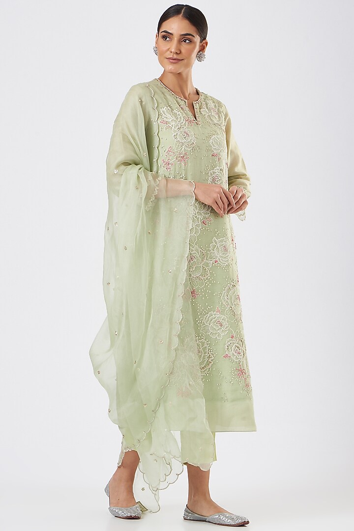 Mist Green Embroidered Dupatta by One not two at Pernia's Pop Up Shop