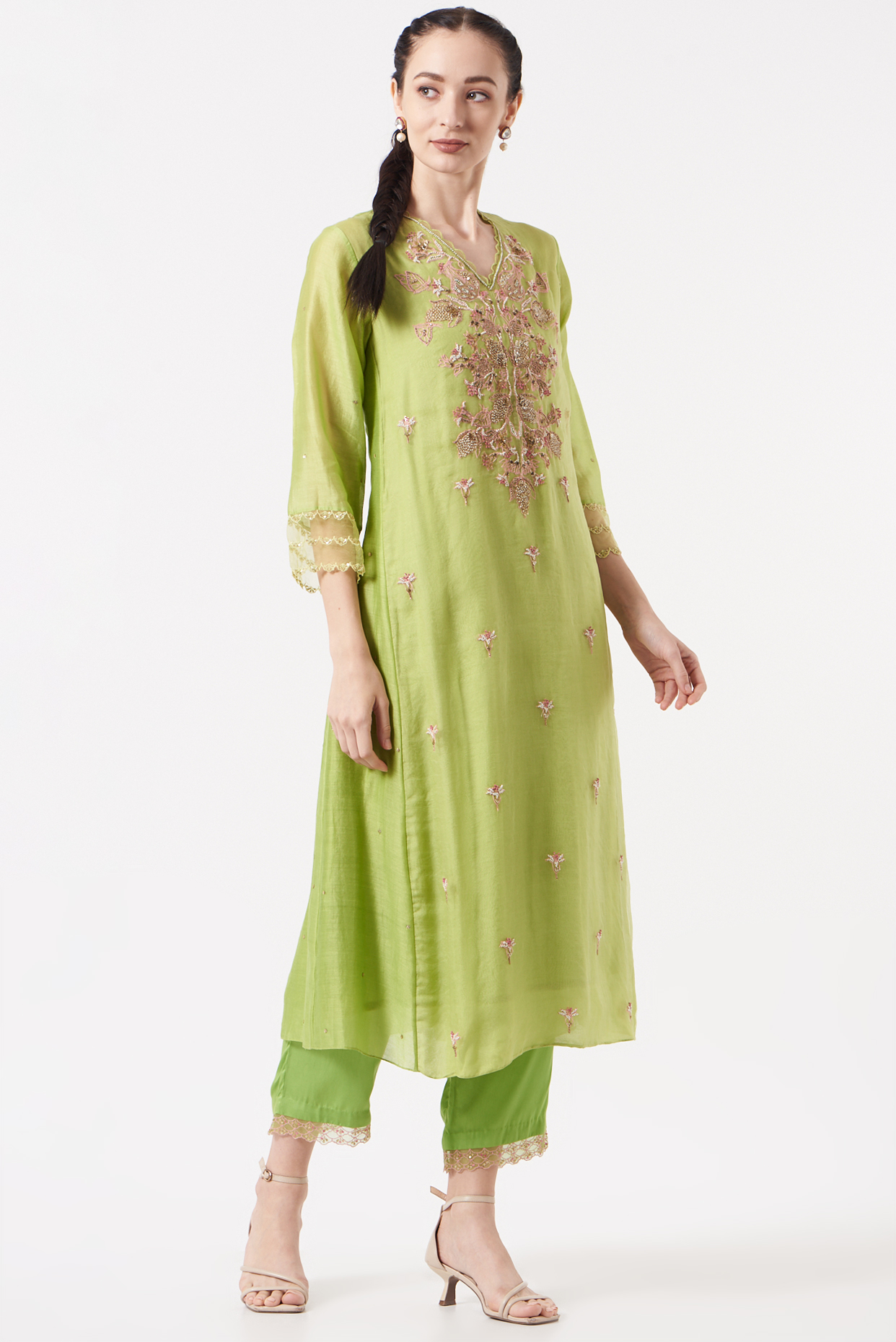 Pear Green Embroidered Kurta by One not two at Pernia's Pop Up Shop