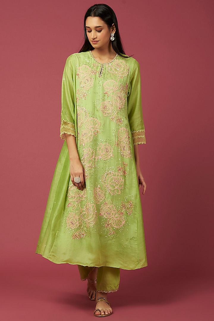 Lime Embroidered A-line Kurta by One not two