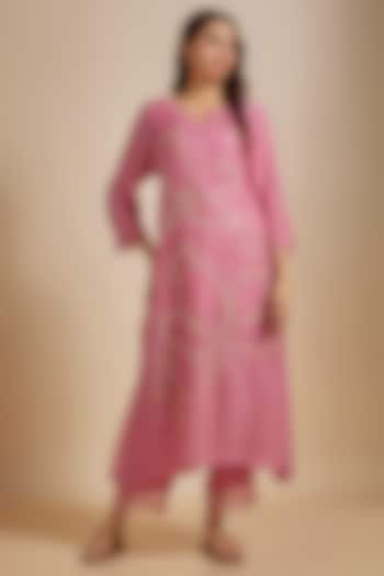 Rose Pink Viscose Silk Hand Embroidered Kurta Set by One not two