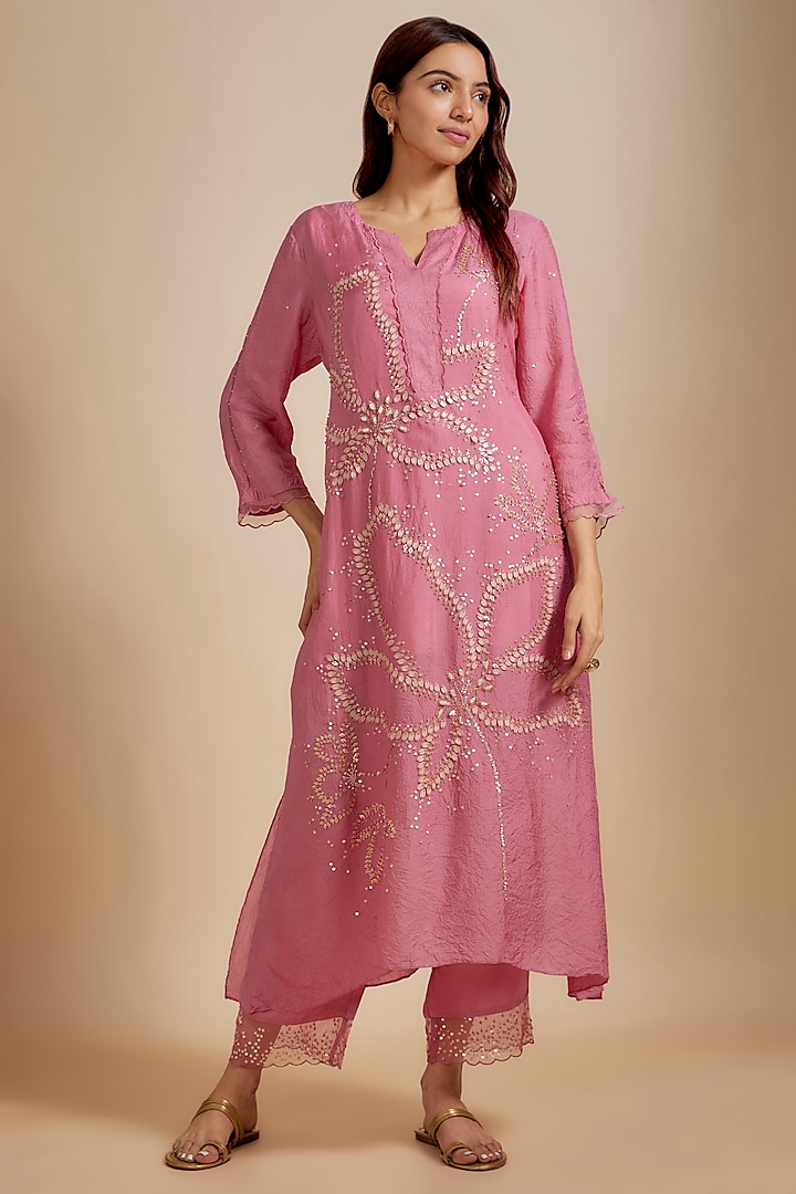 Rose Pink Viscose Silk Hand Embroidered Kurta Set by One not two