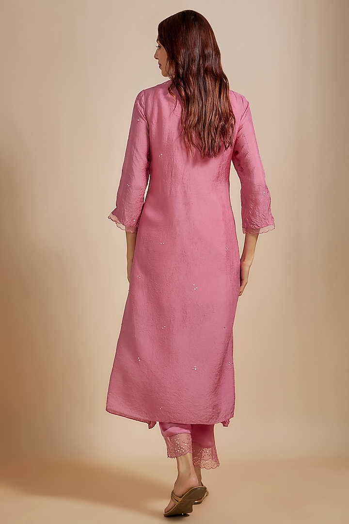 Rose Pink Viscose Silk Hand Embroidered Kurta Set by One not two at Pernia's Pop Up Shop