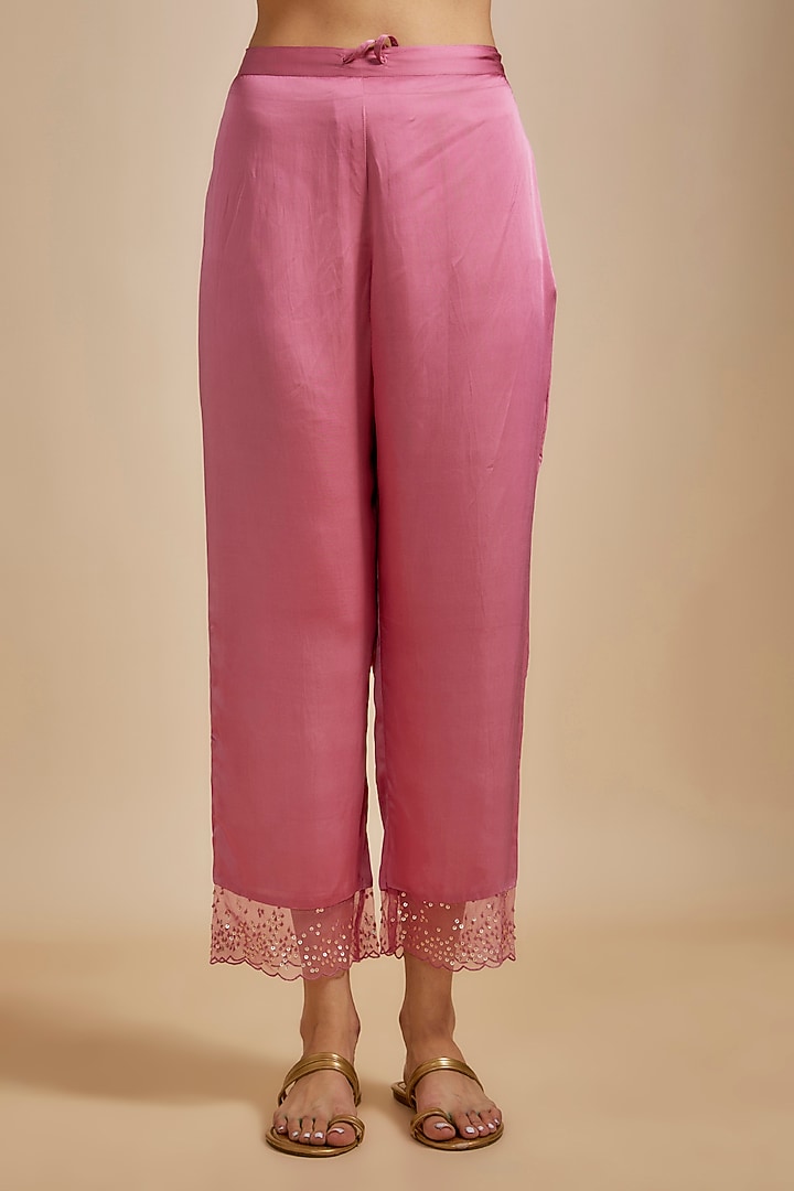 Rose Pink Viscose Silk Hand Embroidered Kurta Set by One not two at Pernia's Pop Up Shop