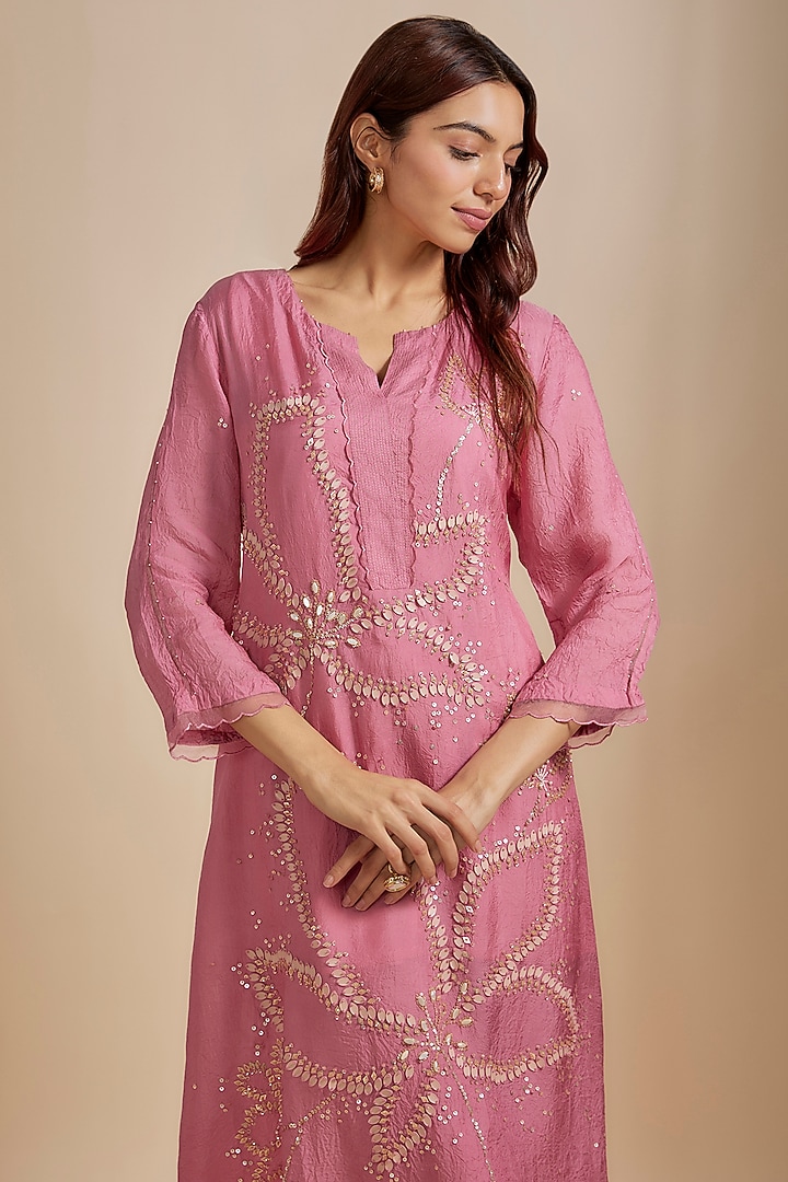 Rose Pink Viscose Silk Hand Embroidered Kurta Set by One not two at Pernia's Pop Up Shop