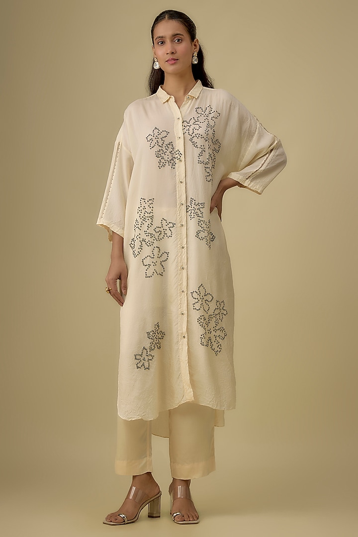 Ecru Viscose Silk Floral Hand Embroidered Kurta Set by One not two at Pernia's Pop Up Shop