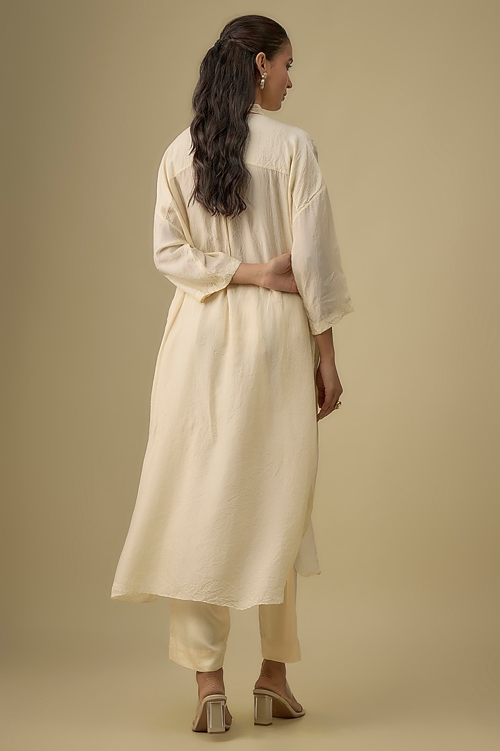Ecru Viscose Silk Floral Hand Embroidered Kurta Set by One not two at Pernia's Pop Up Shop