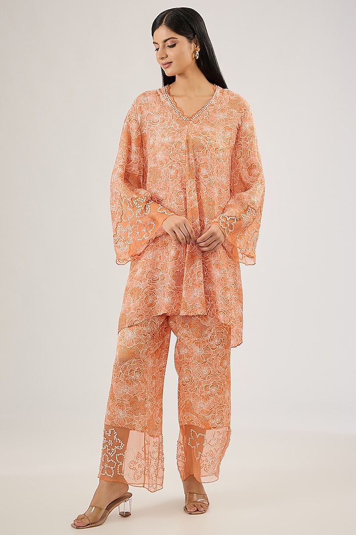 Rust Crushed Silk Floral Sequins Embroidered Tunic Set by One not two at Pernia's Pop Up Shop