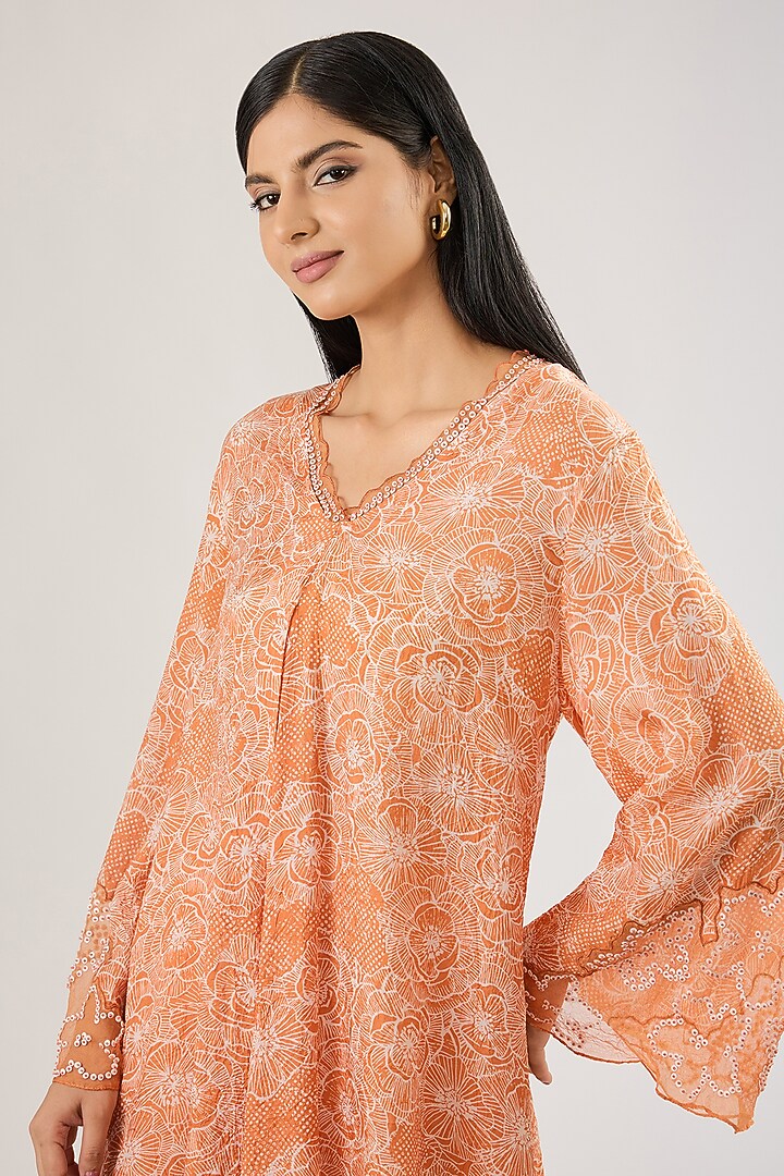 Rust Crushed Silk Floral Sequins Embroidered Tunic Set by One not two at Pernia's Pop Up Shop