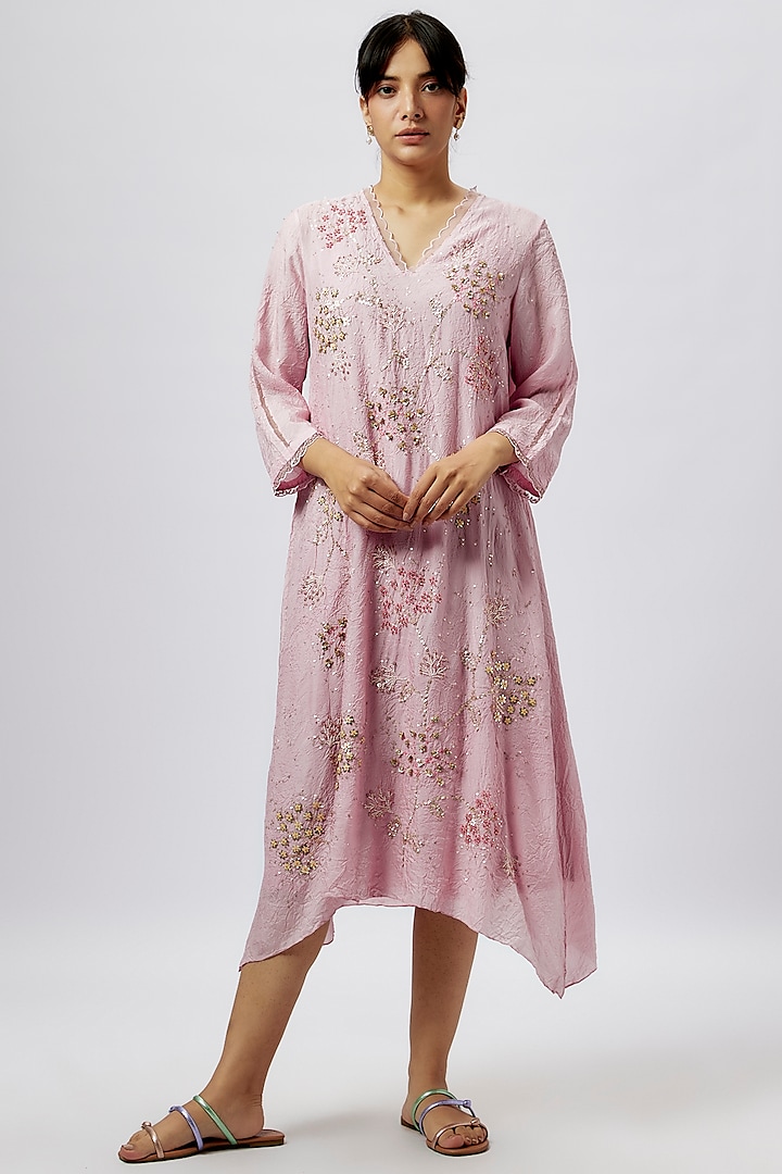 Lilac Viscose Silk Sequins & Beads Embroidered Kurta by One not two