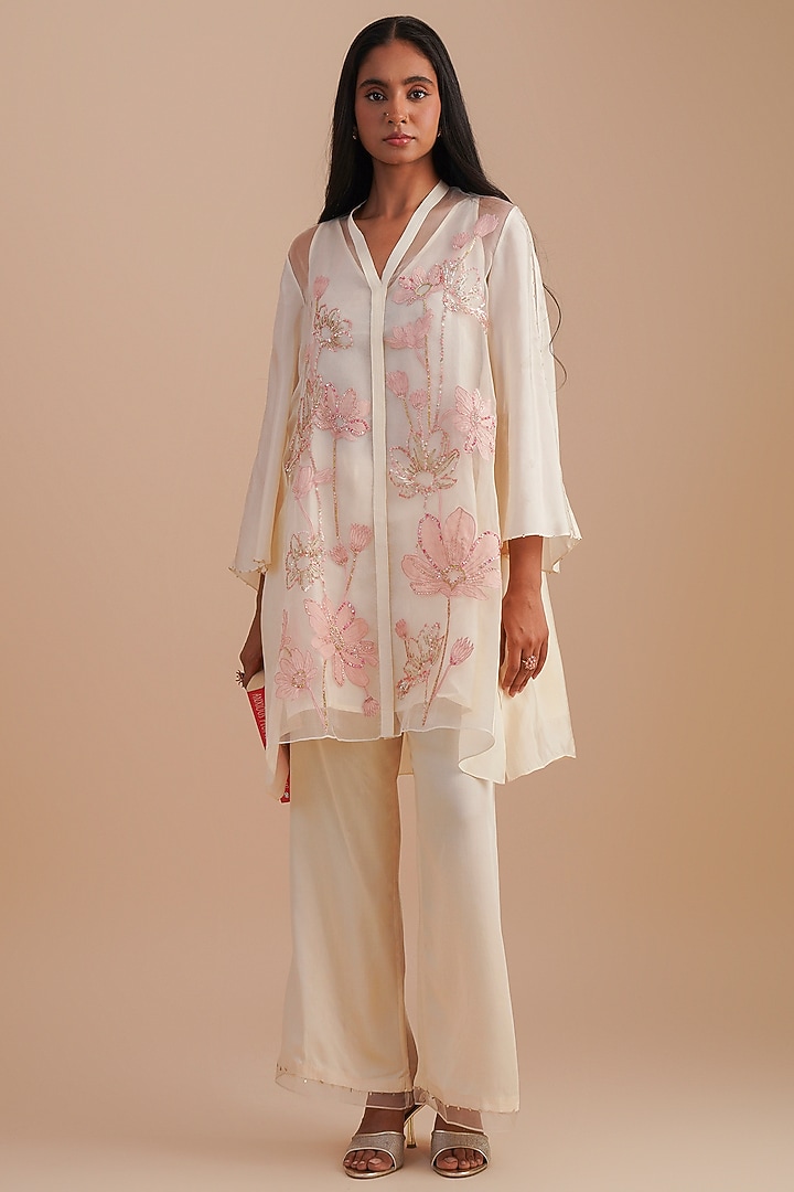 Ecru Silk Organza Hand Embroidered Co-Ord Set by One not two at Pernia's Pop Up Shop